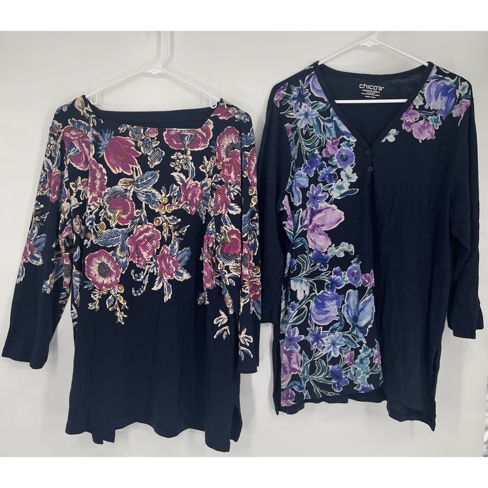 Chico's Women's XL Cotton Blue Floral Print 3/4 Sleeve Shirts Tops Sz 3 Lot Of 2
